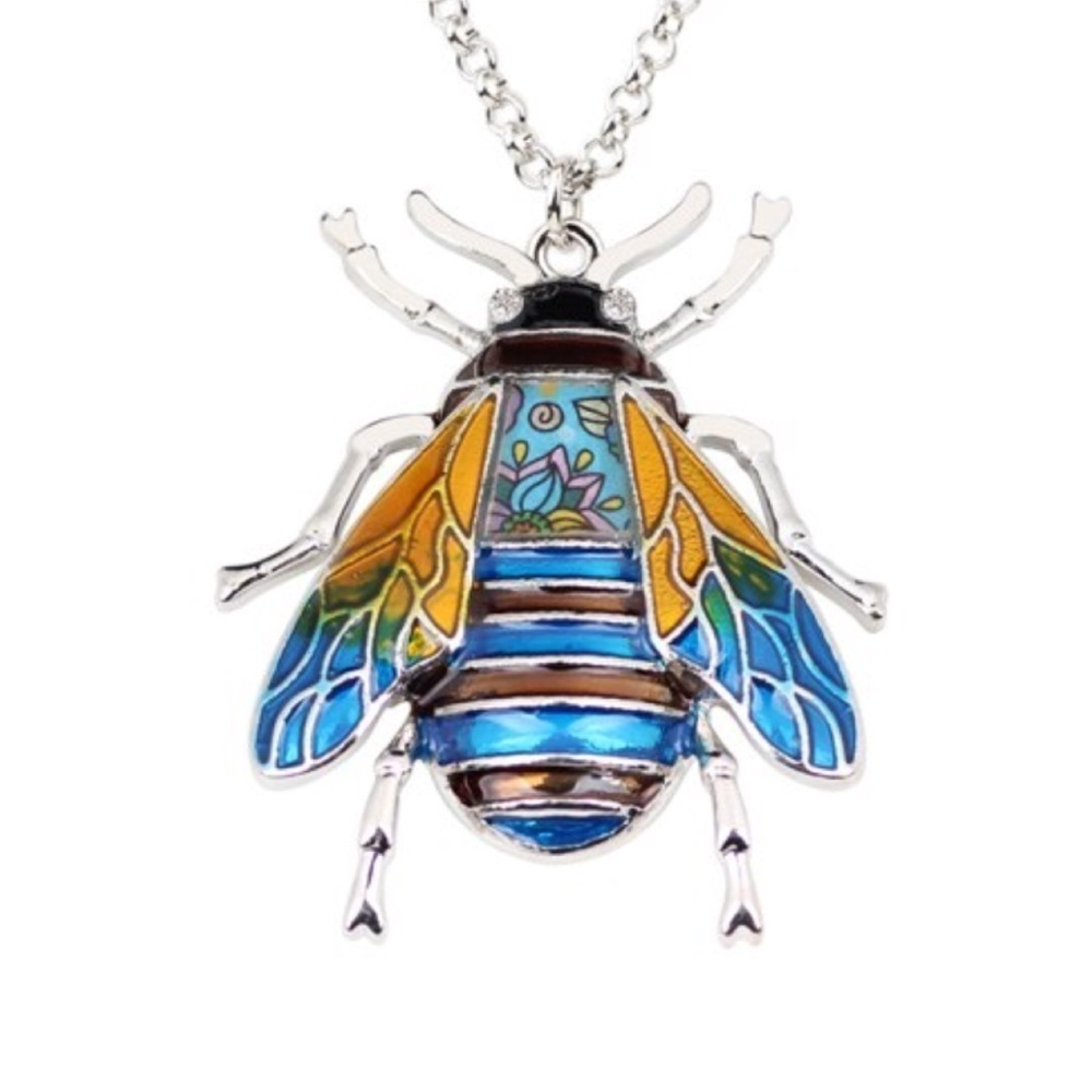 Blue Mix Mosaic Bee Pendant Necklace